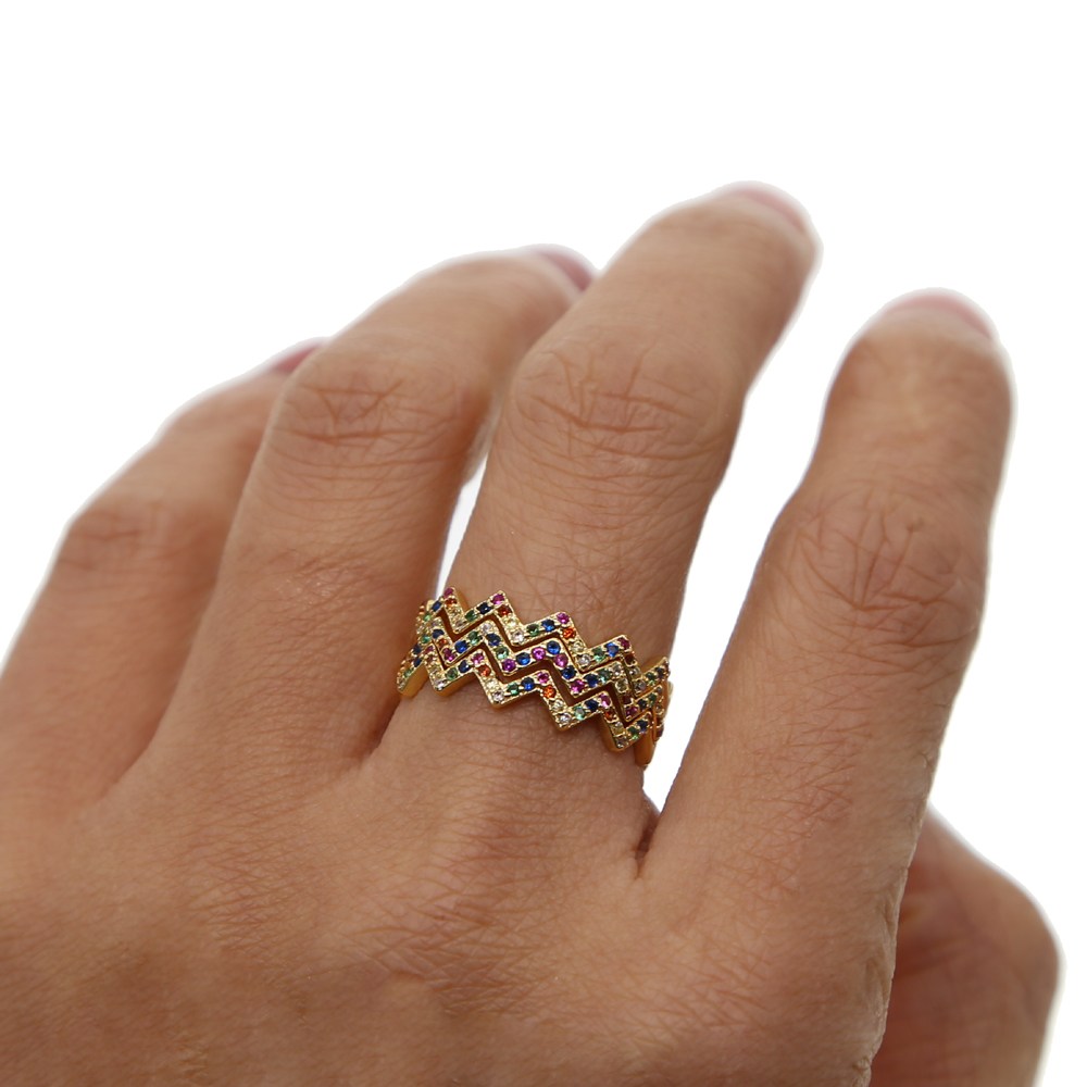 Fashion-Gold filled paved multi color rainbow cz stack wave finger rings for party wedding gift 2018 latest new arrived cz jewelry