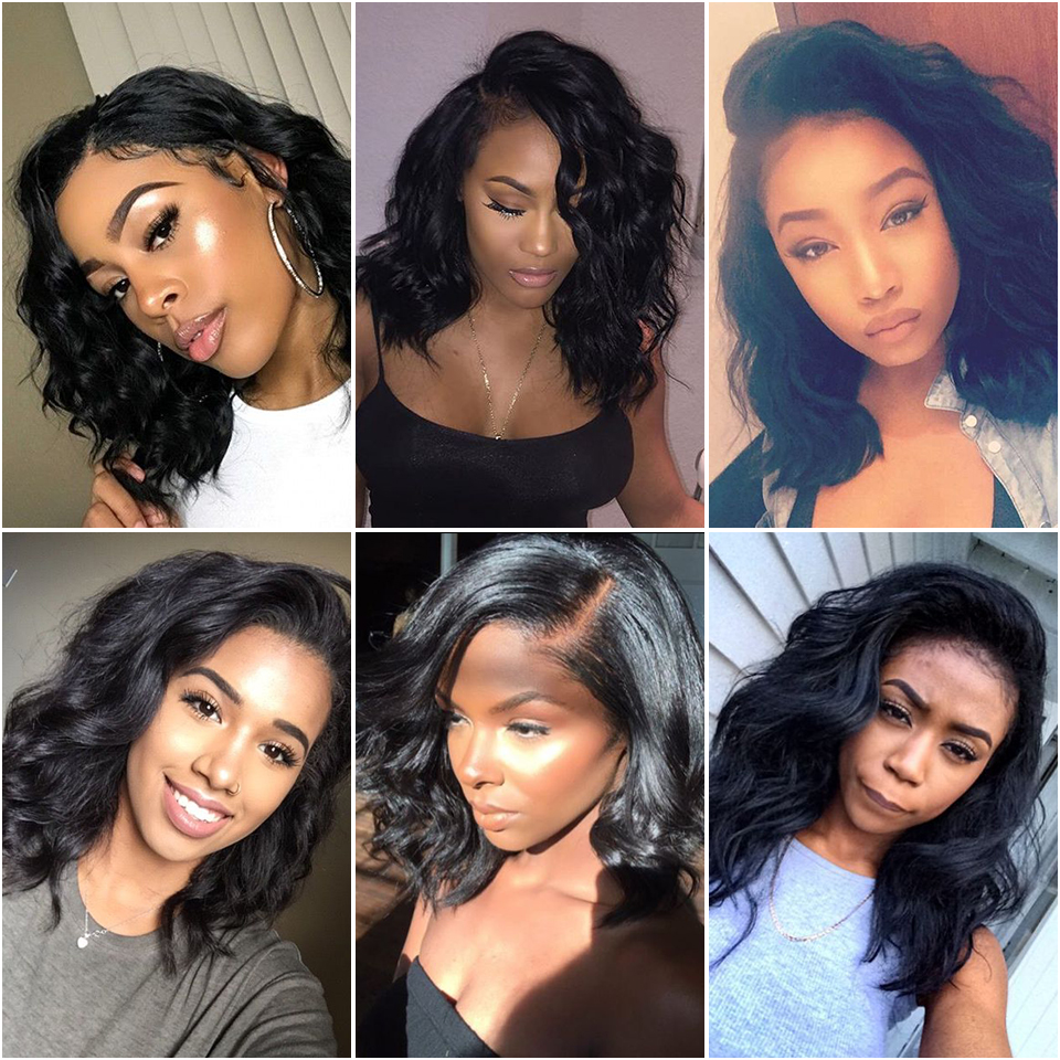 Natural Synthetic Lace Front Wigs for Women Short Bob Water Wavy Black #1B Hair 16 Inch Natural Looking Heat Resistant Fiber Wig peruvian
