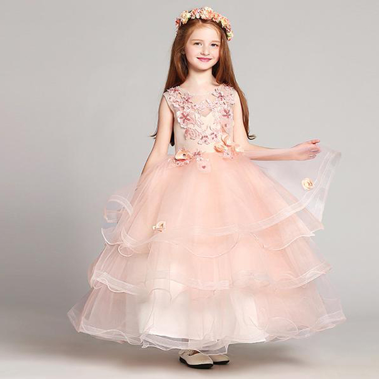 Lovely Pink Flower Girls Dresses Applique Jewel Neck Ball Gown Kids Formal Wear Sleeveless Floor Length Girl Dresses For Wedding