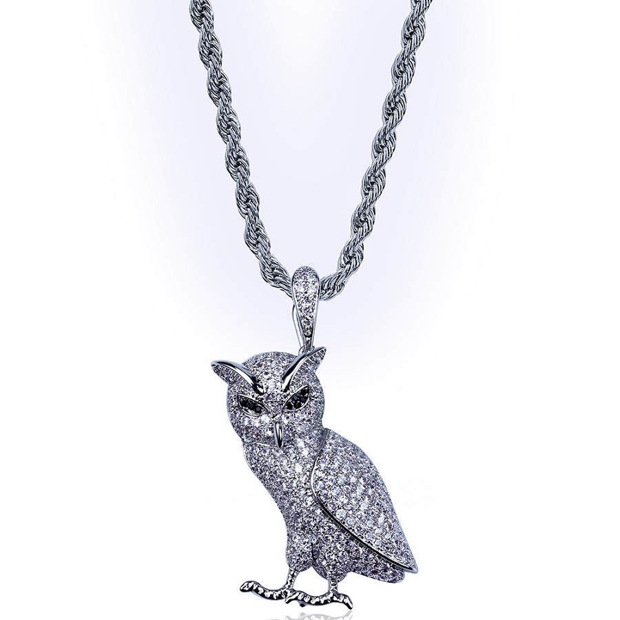 Fashion Men 18k Gold Plated Silver Chain Owl Pendant Necklace Designer Iced Out Rhinestone Hip Hop Rap Rock Jewelry Necklaces For