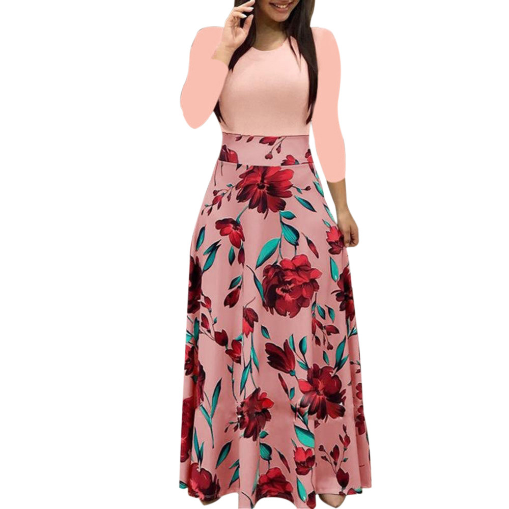 HOT 2019 Women Casual Long Sleeve Floral Boho Print Regular Long Maxi Dress Ladies Ankle-Length Dress#T2