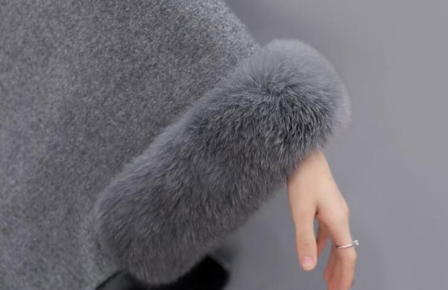 Modest Autumn Winter Faux Fur Collar Cape Shawl Long Sleeves Women Poncho Cape Coat Gray Beige Warm Woolen Jackets In Stock