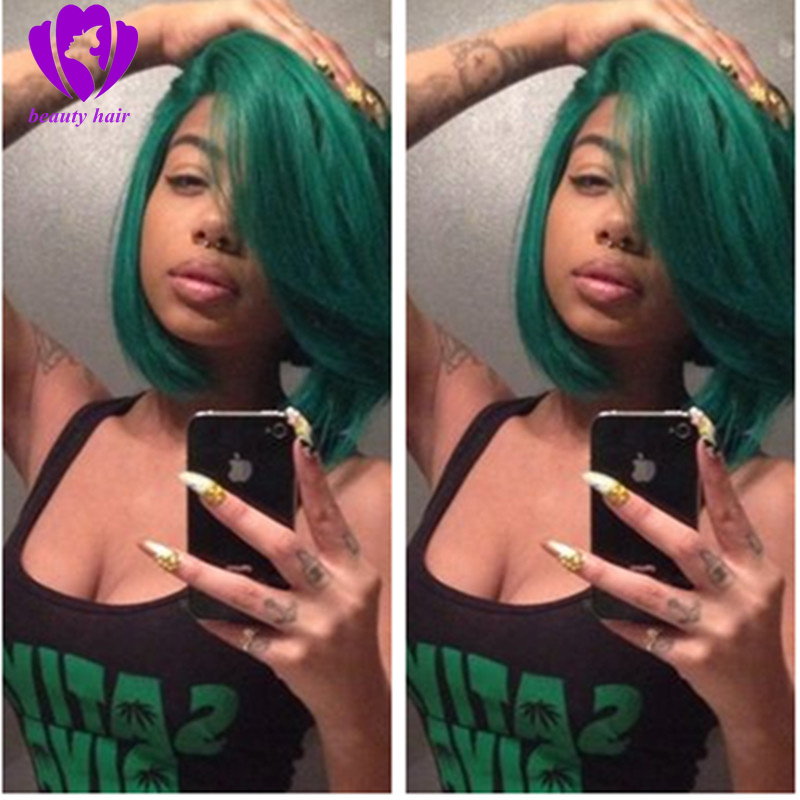 Hotselling Heat Resistant Synthetic lace front Wig Short Silky Straight Bob Hair Style Ombre Two Tone Green Wigs for black women