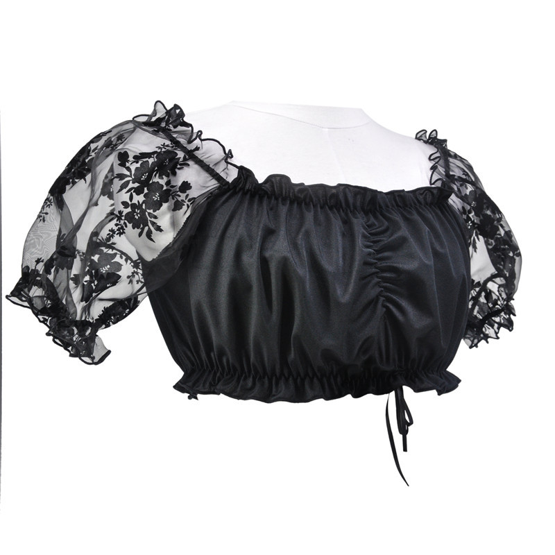 Women's Crop Top Plus Size S-6XL Lolita Lace Mesh Rose Floral Short Sleeves Costume Short Corset Top Blouse Shirt Scoop Neck Black White