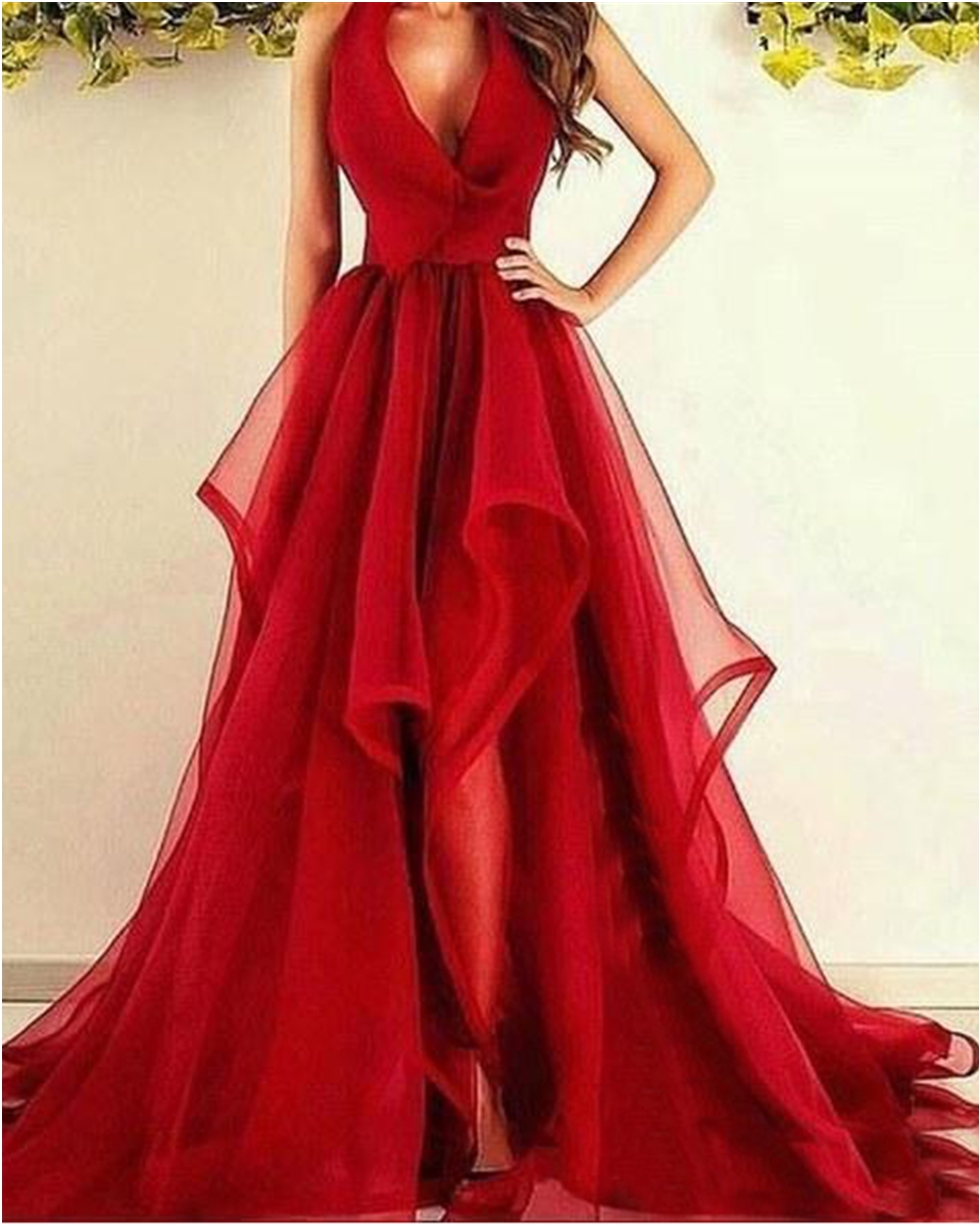 Sexy Red Halter V neck A Line Tulle Sweep Train Simple Ruffle Prom Dresses Prom Dresses Custom Made Formal Evening Wears