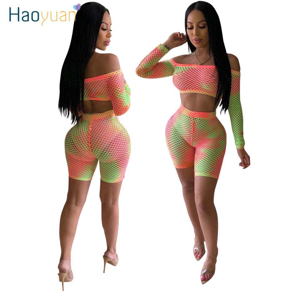 HAOYUAN Sexy Mesh Sheer Fishnet Two Piece Set Women Summer Crop Top and Fishnet Shorts Club Beach Outfits 2 Piece Matching Sets