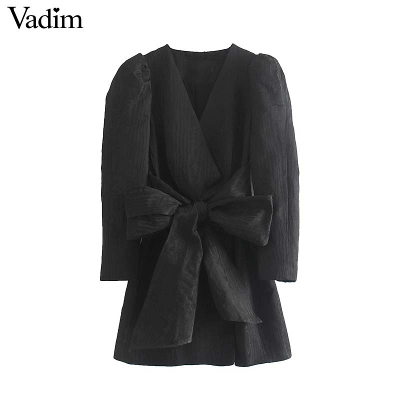 Vadim women stylish bow tie decorate mini dress cross V neck pockets puff sleeve female casual black dress solid vestidos QC745
Vadim women stylish bow tie decorate mini dress cross V neck pockets puff sleeve female casual black dress solid vestidos QC745