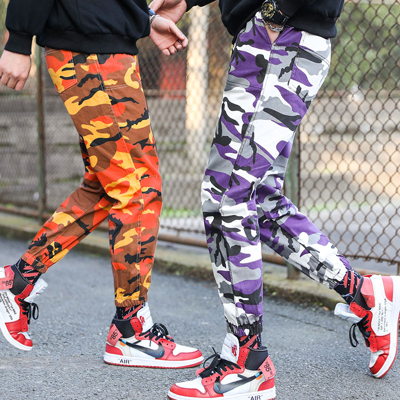 Men's Pants ASIAN SIZE Purple Camo Yellow Fashion Hip Mens Twill Skinny Jogger Activewear Sweatpant Cargo Pocket