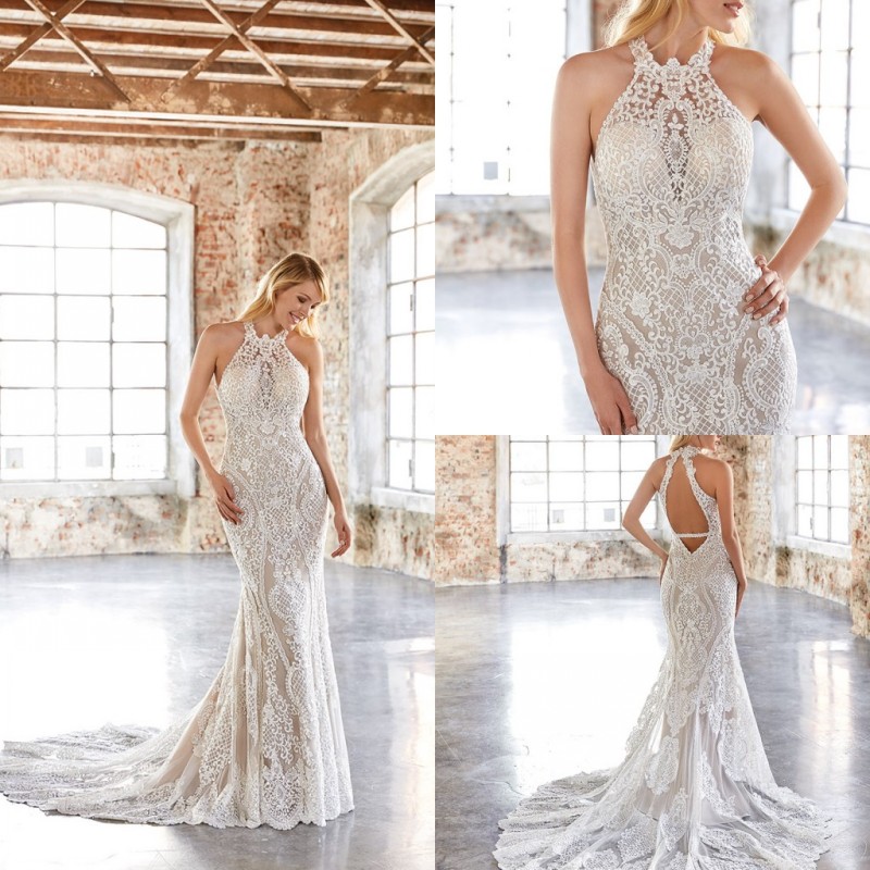 Sexy Mermaid Wedding Dresses Halter Lace Applique Wedding Dresses Hollow Back Sweep Train Bridal Gowns Vestidos De Novia