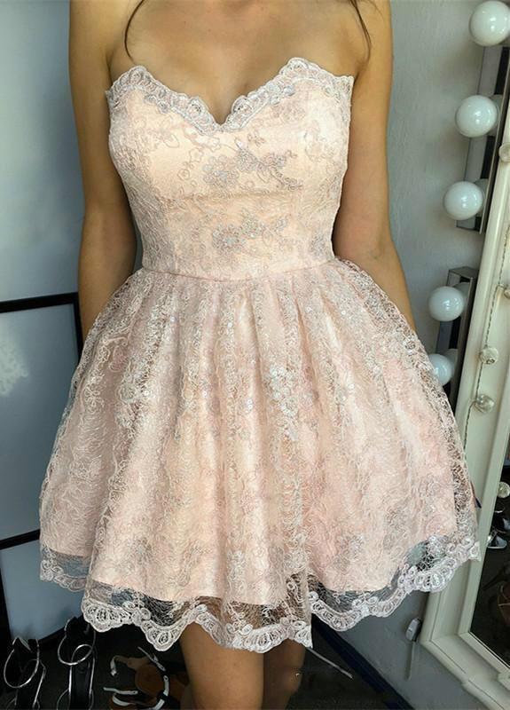 2020 Sleeveless Blush Pink Short Homecoming Dresses with Lace Sweetheart Corset Knee Length Party Dresses Teen
