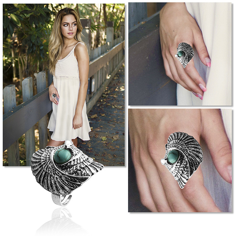 Turquoise ring vintage Tibetan silver Indian wind pine stone wings eagle big eagle eye green