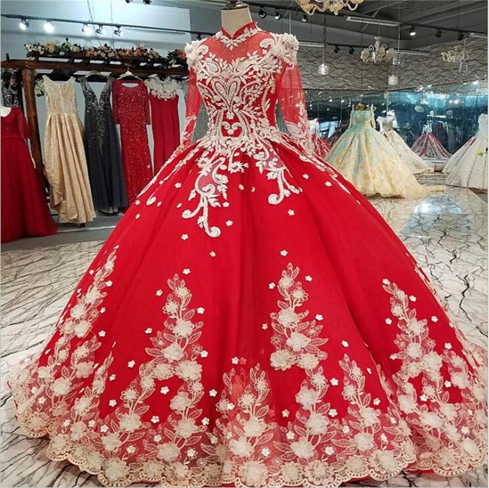 Luxury Red Ball Gown Prom Dresses Muslim High Neck Lace Appliqued Beads Evening Dress Wear Plus Size Abendkleider Formal Party Gowns