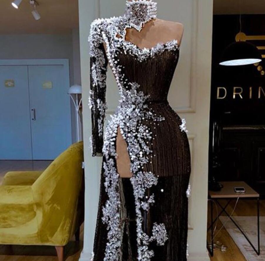 Black Evening Dresses High Neck Side Split Long Sleeve Mermaid Prom Dress Appliques Beaded Sexy Special Occasion Gowns Vestidos De Novia