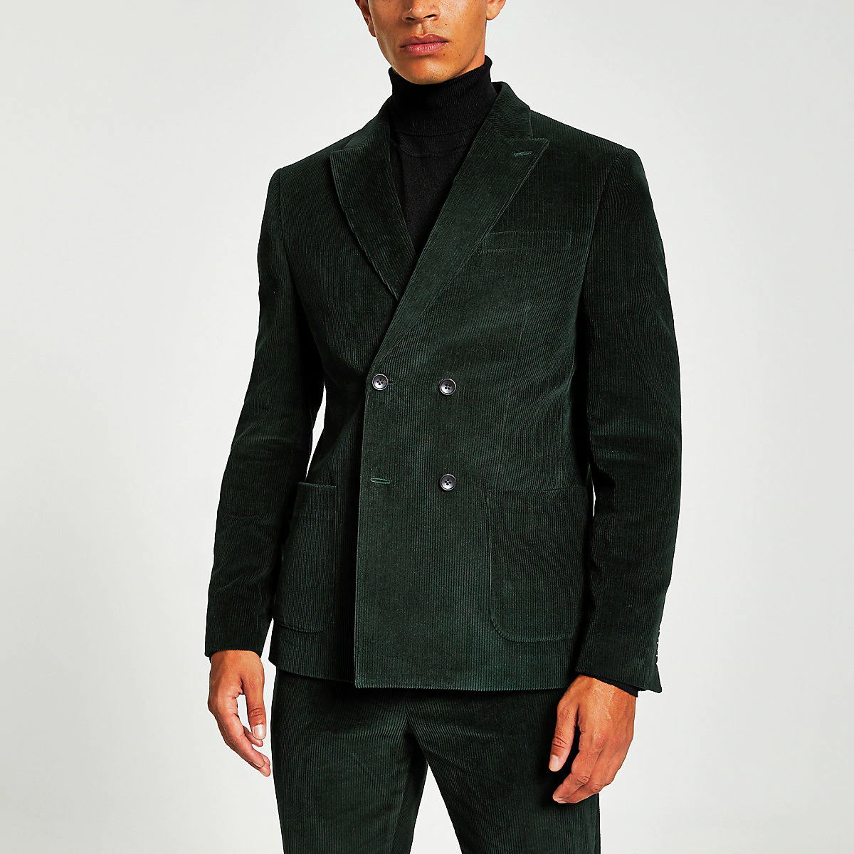 Dark Green Wool Blend Stripe Men Wedding Suits Double Breasted Peaked Lapel Groom Wear Formal Prom Suit(Jacket+Pants)