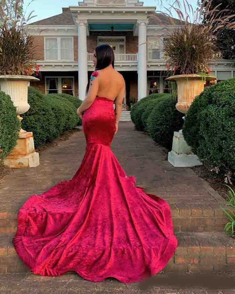 Black Girls Red Mermaid Prom Dresses 2020 Sequined Evening Gowns Velvet Plus Size Long Sleeve Prom Dress vestidos de fiesta