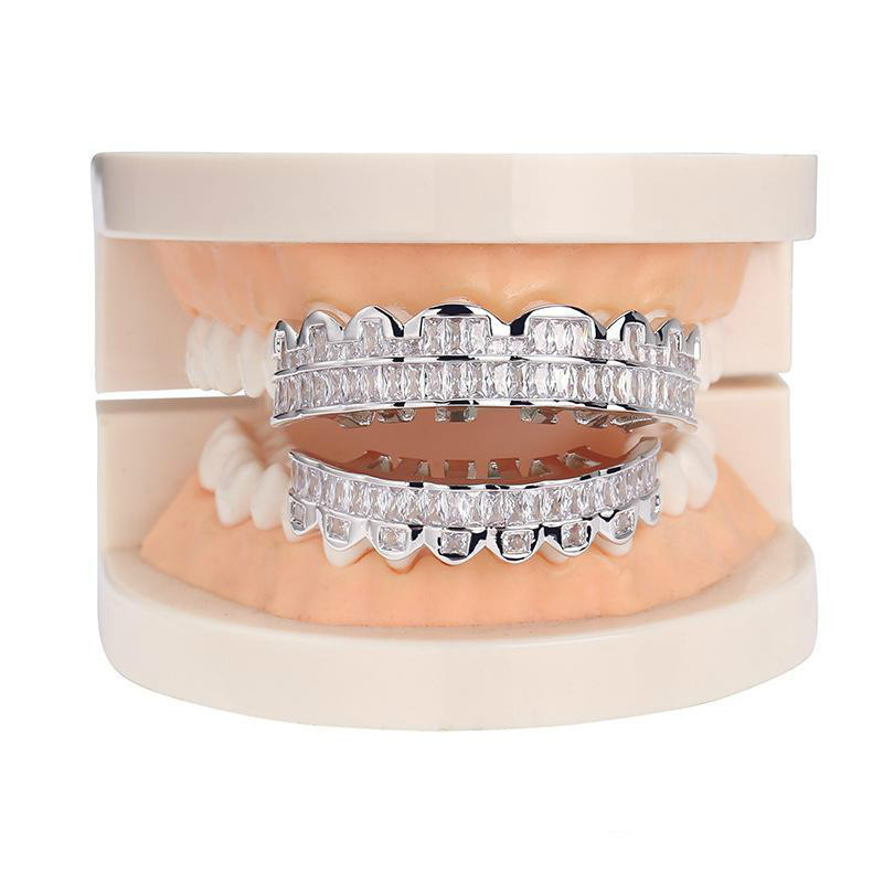 New Discount Baguette Set Teeth Grillz Top Bottom Silver Color Grills Dental Mouth Hip Hop Fashion Jewelry Rapper Jewelry