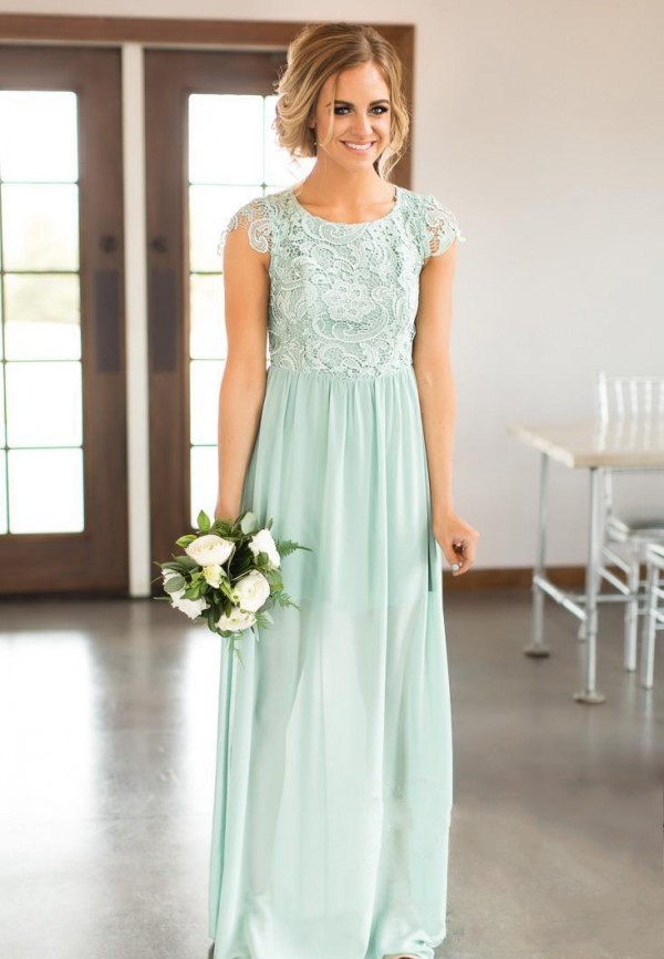 Spring 2019 Mint Sage Green Bridesmaid Dresses Long Jewel Neck Capped Sleeves Open Back Lace and Chiffon blush vestidos de dama de honor