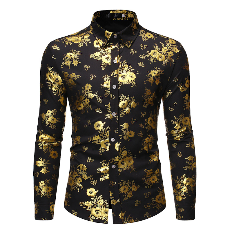Men's Casual Shirts Fancy Flowered Gold Print Dress Shirt Men 2021 Brand Luxury Design Slim Fit Tuxedo For Club Party Disco