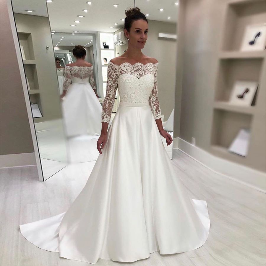 Long Elegant Lace Sleeves Wedding Dresses Off The Shoulder Beaded Bridal Gowns A Line Satin Sweep Train Robe De Marie