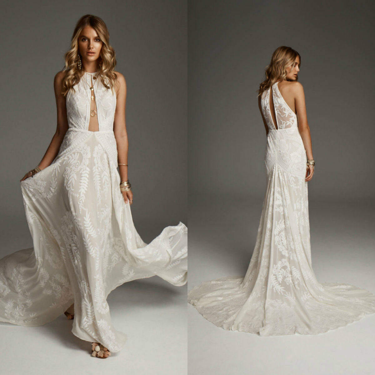 2019 Bohemian Wedding Dresses Jewel Neck Lace Embroidery Sweep Train Mermaid Wedding Dress Sleeveless Hollow Back Beach Bridal Gowns Custom