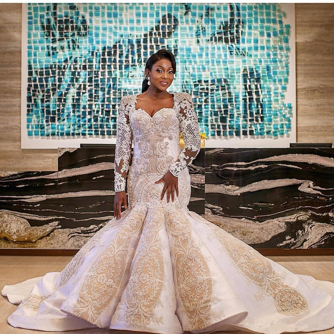 ivory long sleeves dresses crystals beaded plus size nigerian sheer satin appliqued mermaid wedding dress bridal gowns