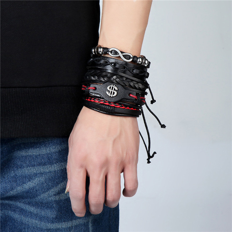 Fashion Multiple Layers Punk Leather Bracelets Men Classic Rope Chain Charms Bracelet For Men Armband Jewelry Gifts