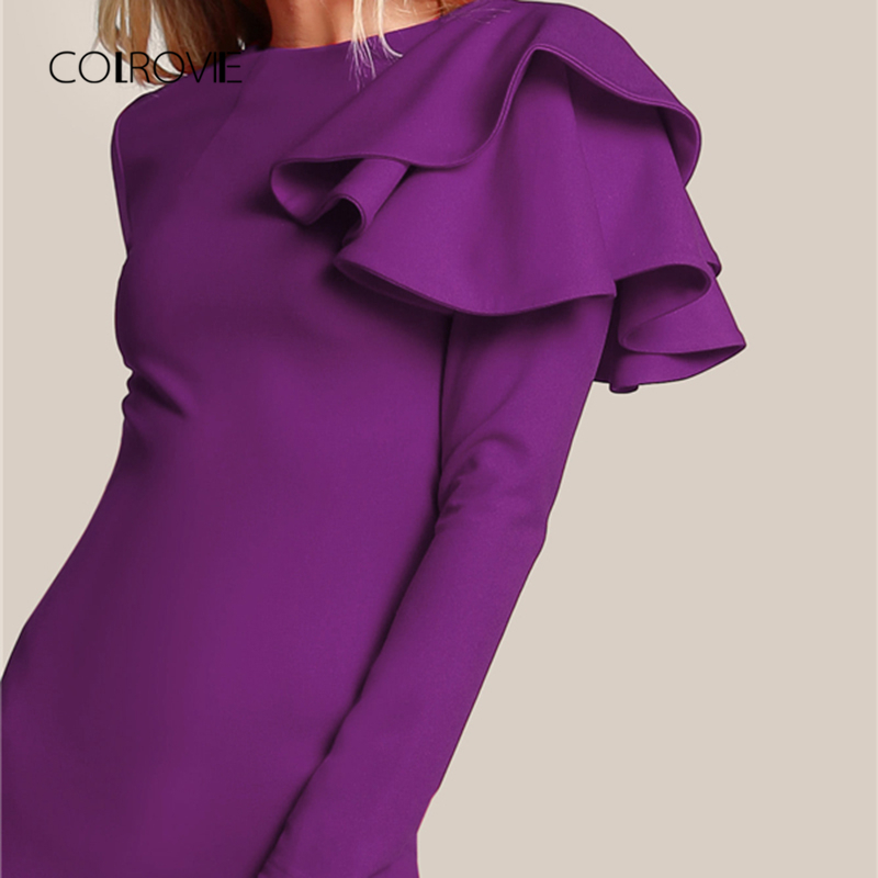 Colrovie Purple One Side Tiered Ruffle Trim Party Dress 2018 Autumn Black Slim Elegant Bodycon Dress Long Sleeve Women Dresses Y190514