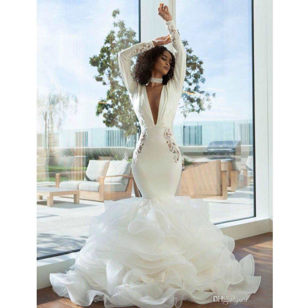 Sexy Open Back Mermaid Wedding Dresses Turkey Tiered Tiers Lace Ruffles Deep V Neck Long Sleeves Bridal Gowns African Puffy Fishtail Bride Dress Plus 