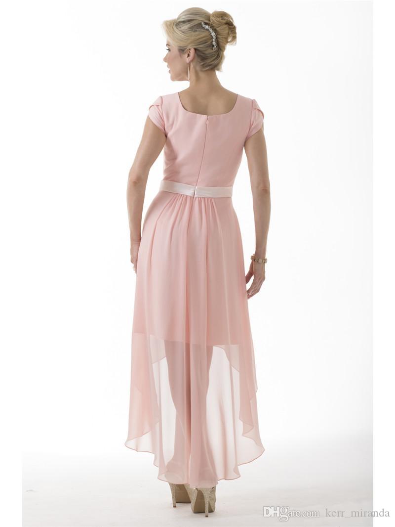 Hot Pink Modest Bridesmaid Dresses Long With Short Sleeves Chiffon Cap Sleeves Short Front Long Back Country Bridesmaids Prom Dresses