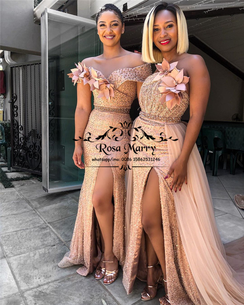 Rose Gold Sequined Mermaid African Bridesmaids Dresses 2020 Mix Style Plus Size Country Beach Maid Of Honors High Split vestidos de madrinha