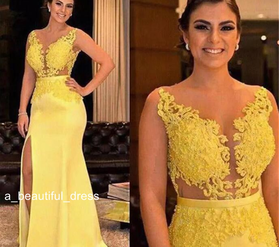 Charming Yellow Prom Dresses Party Events Dresses Lace Appliques Beaded Formal Split Satin Evening Gowns Guest Dress PD5582