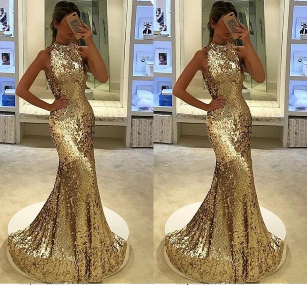 Sequined Cheap Gold Sier Mermaid Prom Dresses Jewel Neck Backless Pleats Sexy Formal Dress Party Evening Gowns Vestidos De Fiesta
