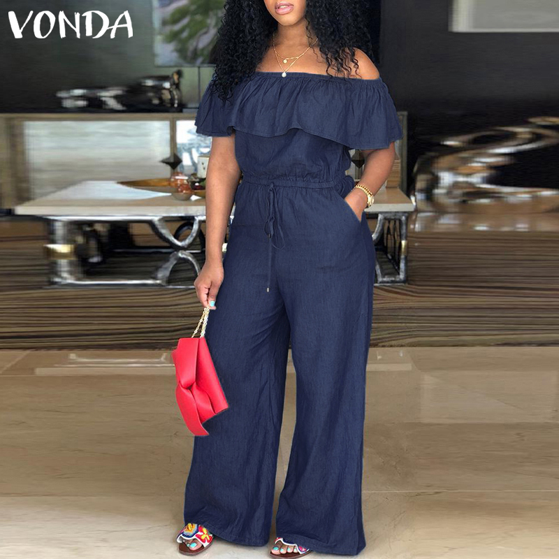 Denim Rompers Womens Jumpsuit 2019 VONDA Summer Sexy Slash Neck Off Shoulder Ruffles Playsuits Overalls Plus Size Wide Leg Pants T200107