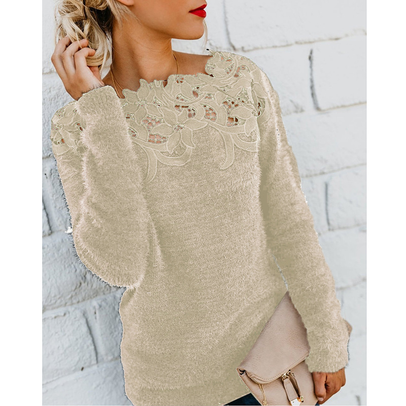 Spot 2021 hot European spring and autumn fashion solid color lace long-sleeved sweater support mixed batch
