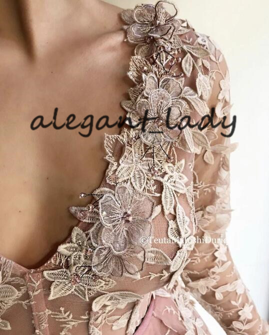 Timeless Flower Baby Pink Evening Pageant Dresses 2020 Illusion Long Sleeve V-neck Lace 3D Floral Mermaid Prom Gown Remove Train