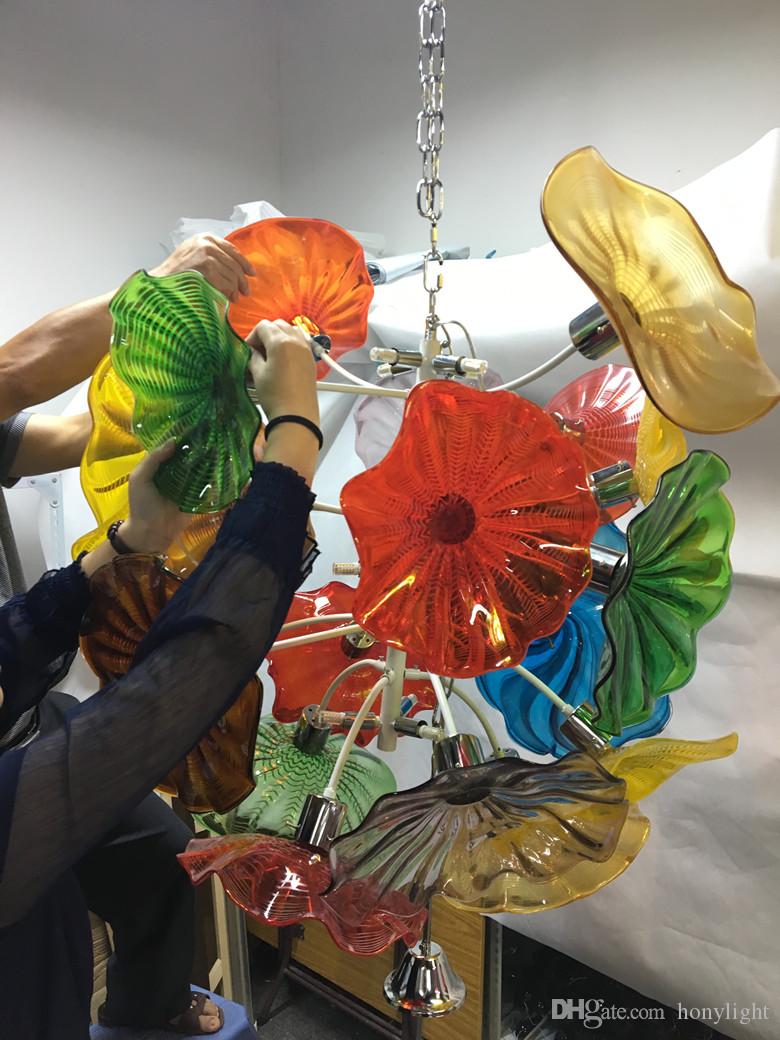 Hotel Gallery Art Decoration Large Murano Flower Glass Plates Chandelier LED Bulbs 100% Hand Blown Glass Chandelier Light Fixture