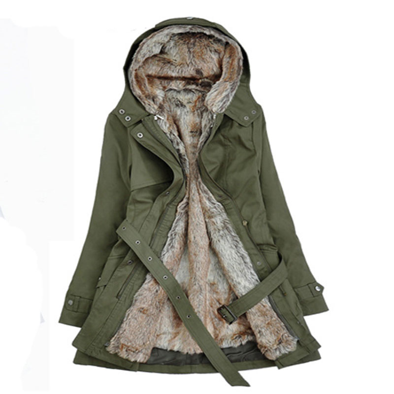 3 Colors Winter Warm Women Black Hooded Faux Fur Coat Jacket Fashion Army Green Slim Liner Cotton Coat Dropshipping Coats T190831