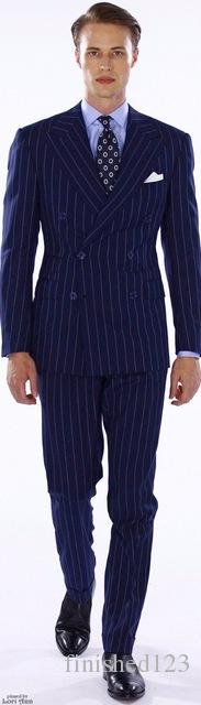 Excellent Style Groom Tuxedos Double Breasted Blue Stripe Peak Lapel Groomsmen Best Man Suit Mens Wedding Suits (Jacket+Pants+Tie) NO:1087