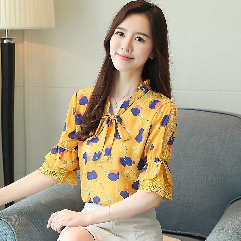 Women's Blouses & Shirts Korean Chiffon Women Floral Shirt Tops Plus Size Woman Lace Flare Sleeve Blouse Blusas Mujer De Moda Womens