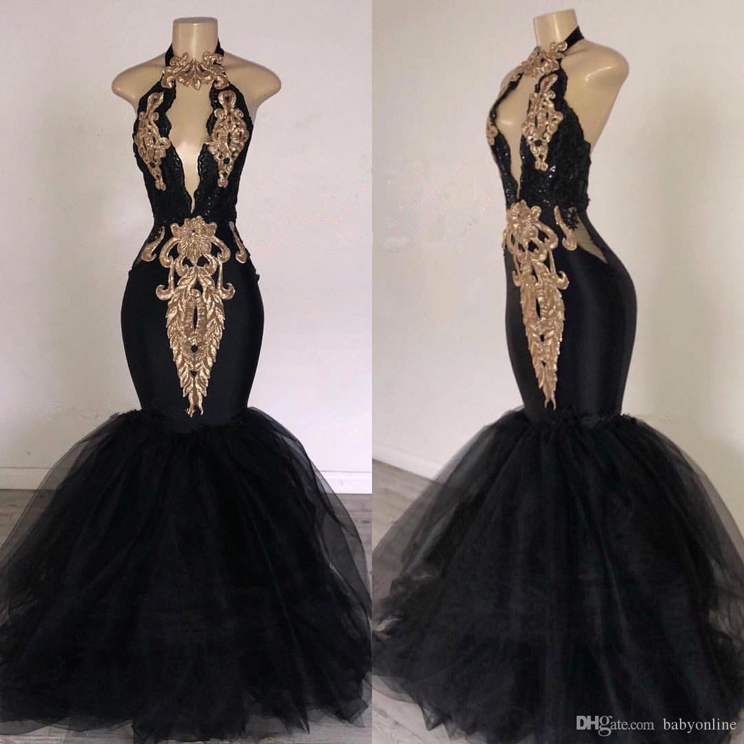 2019 Sexy Black and Gold Prom Dresses Halter Long Lace Applique Floor Length Mermaid Evening Gowns Plus Size Formal Party Dresses