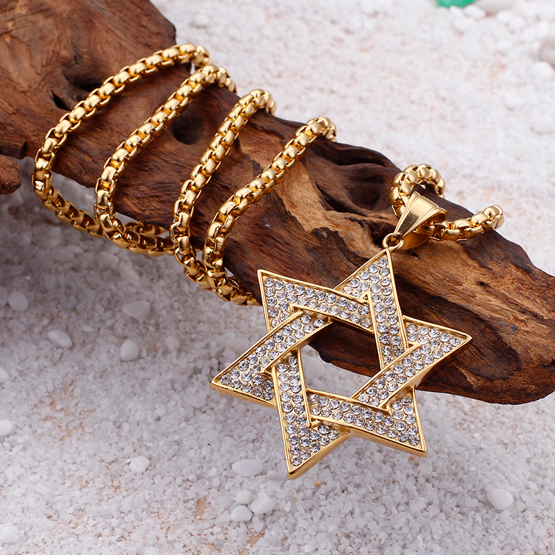 Men Hip Hop Six-star Pendants Necklace 316L Stainless Steel Full Cubic Zirconia Setting 18K Gold Plated Jewelry