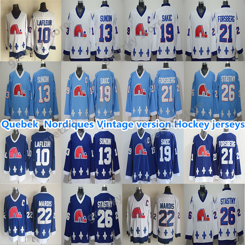 Quebec Nordiques Vintage jerseys 19 SAKIC 13 SUNDIN 26 STASTNY 10 LAFLEUR 22 MAROIS 21 FORSBERG excellent CCM Hockey Jerseys, Blue
Quebec Nordiques Vintage jerseys 19 SAKIC 13 SUNDIN 26 STASTNY 10 LAFLEUR 22 MAROIS 21 FORSBERG excellent CCM Hockey Jerseys, Blue
