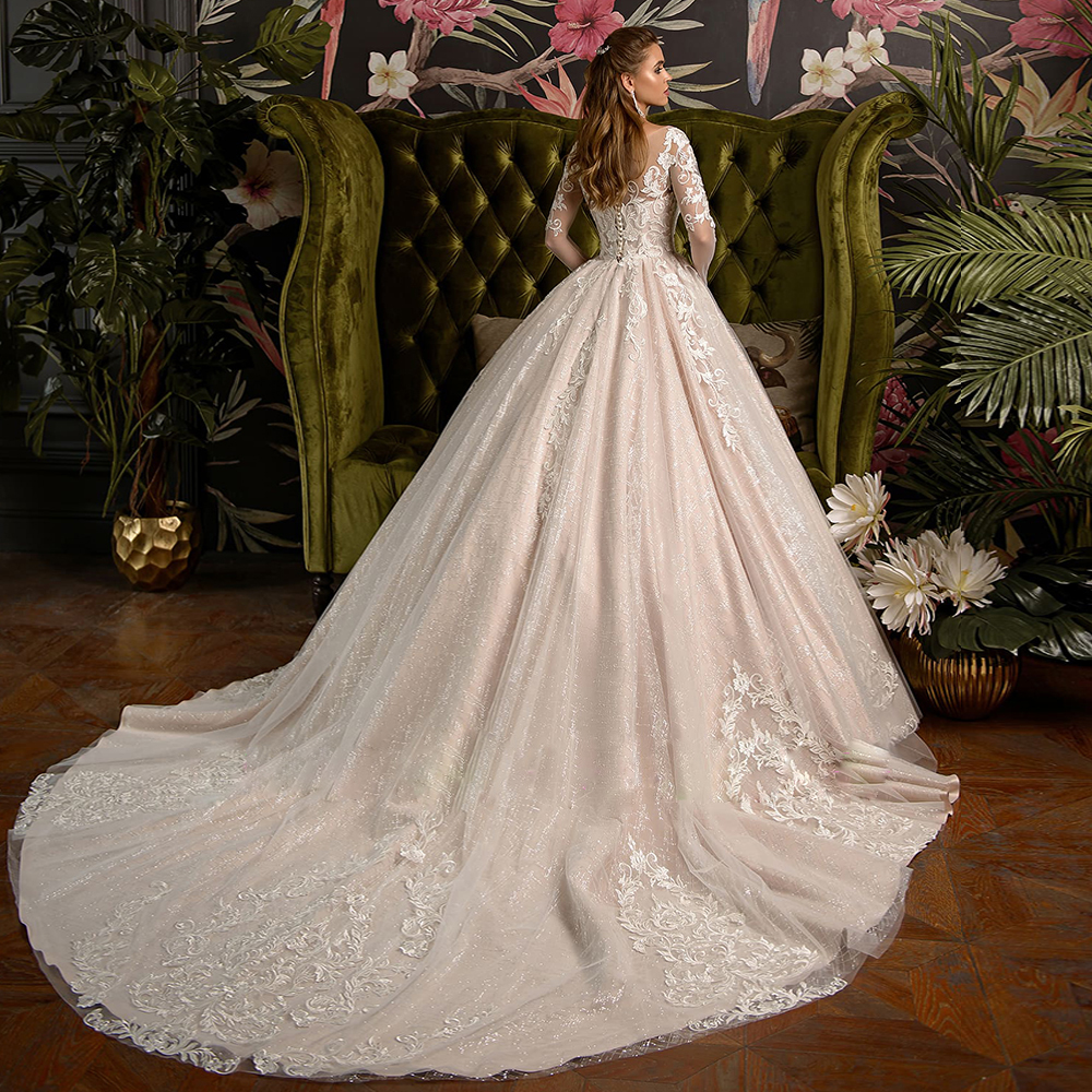 A Line Sparkly Lace Wedding Dresses Sheer Bateau Neck Long Sleeves Bridal Gowns Plus Size Appliqued Tulle Court Train Robe De Marie ppliqued