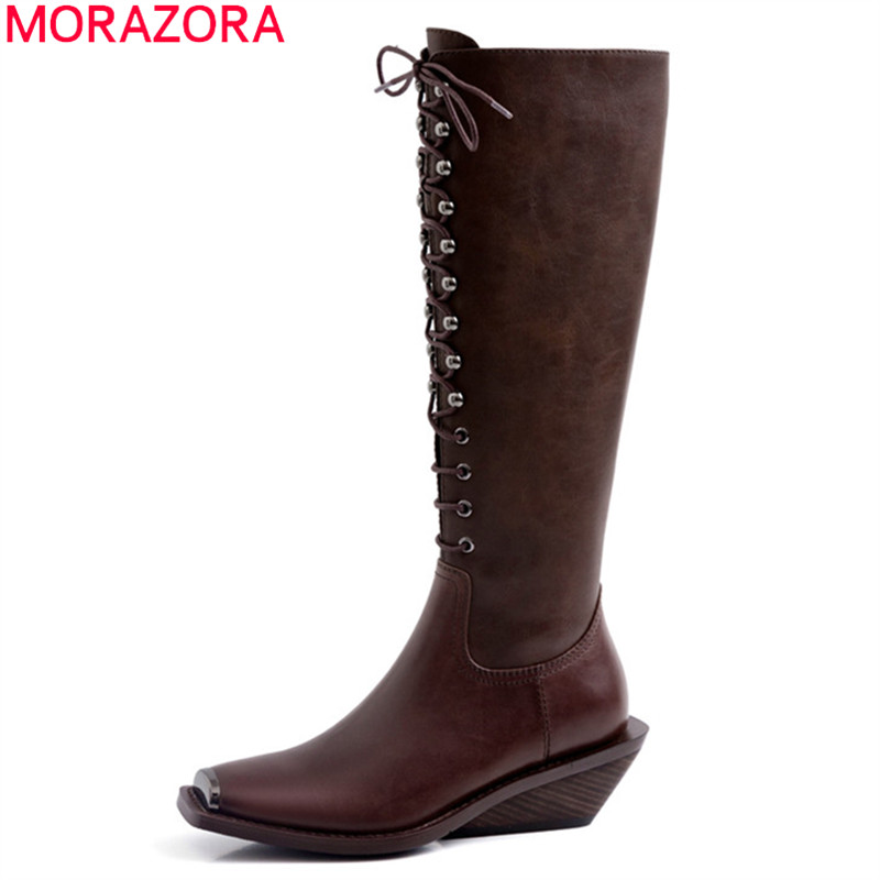MORAZORA 2020 New classic knee high boots fashion square toe wedges lace up ladies shoes genuine leather women boots, Black
MORAZORA 2020 New classic knee high boots fashion square toe wedges lace up ladies shoes genuine leather women boots, Black