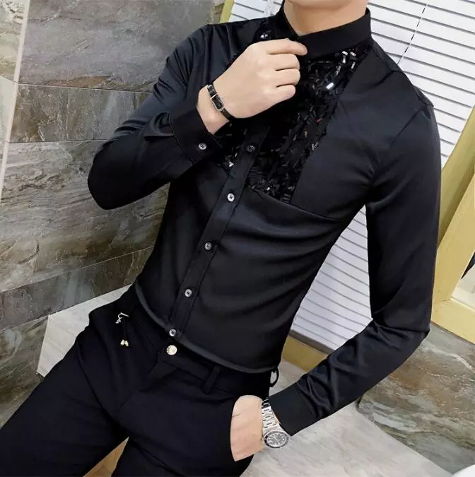 New Korean Brand Fashion Sequin Slim Fit Mens Lace Shirt Long Sleeve Men Dress Shirts Casual Designer Clothes Black White