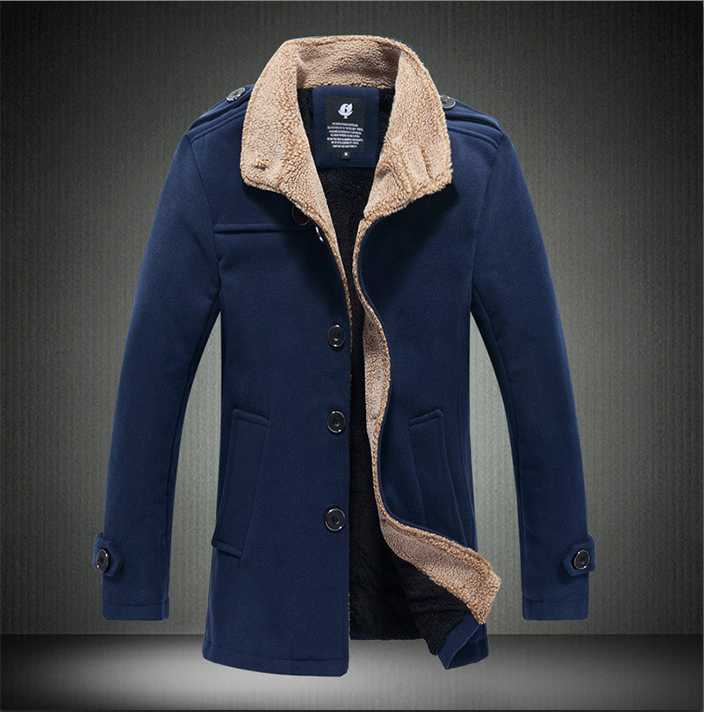 Men Stand Lead Lamb Worsted Windbreaker Jacket Male Navy Blue Long Fund Loose Coat Male Warm Thicken Outwear Turn-down Collar