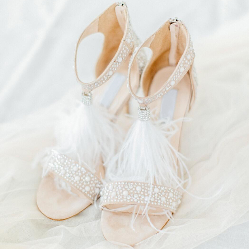 Sexy Feather Women Shoes Rhinestone Sandals High Heels Banquet Wedding Fashion Crystals Bridal Shoes With Zipper Party Stilet