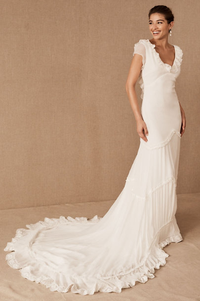 BHLDN Mermaid Wedding Dresses V Neck Ruffles Sweep Train Cap Sleeve Backless Bridal Gowns Custom Made Plus Size Vestidos De Novia
