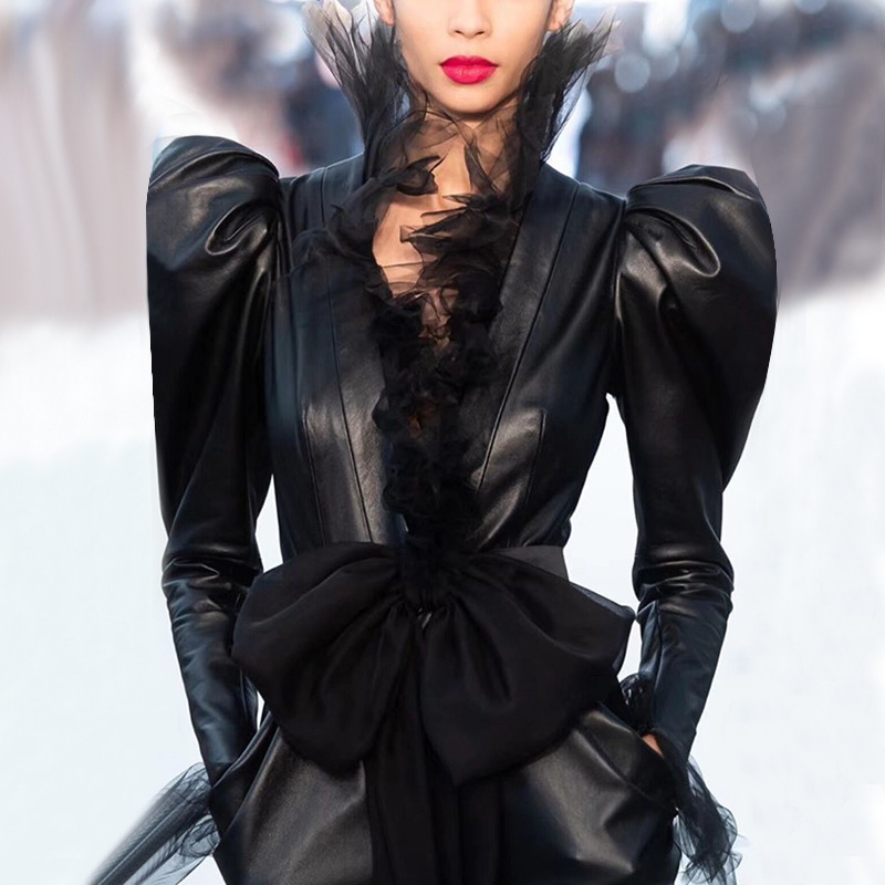 OMIKRON New Fashion Runway Design 2019 New Ruffled Lace Mesh Stitching Bow Slim PU Faux Leather Jacket for Women Luxury Jacket, Black
OMIKRON New Fashion Runway Design 2019 New Ruffled Lace Mesh Stitching Bow Slim PU Faux Leather Jacket for Women Luxury Jacket, Black