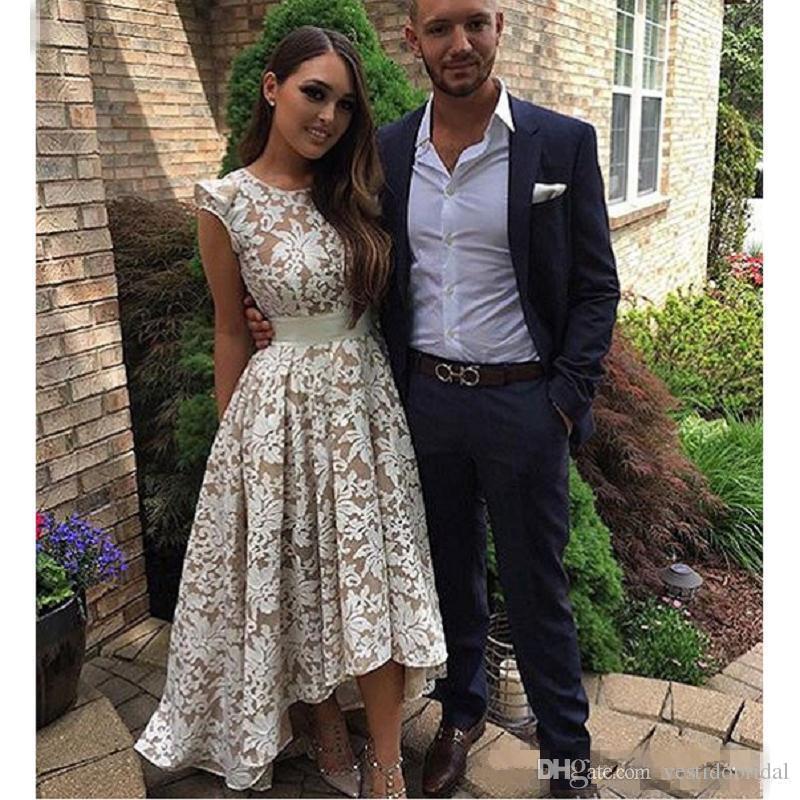 Summer Beach Cap Sleeves High Low Evening Dresses White Champagne Lining Full Lace Girls Formal Party Prom Gowns Junior Bridesmaid Wear